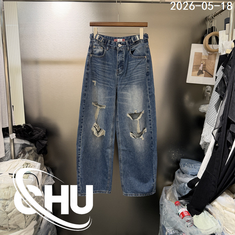 欧洲站2026夏季新款腰带时尚破洞抽丝直筒显瘦弯刀裤牛仔裤9087