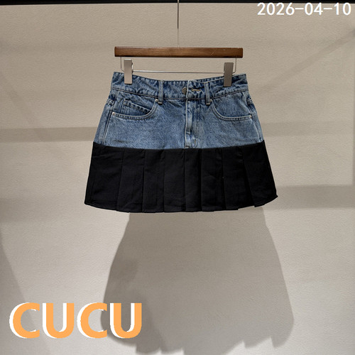 欧洲站2026早夏新款时尚高腰撞色拼接内衬牛百褶半身裙短裙06181