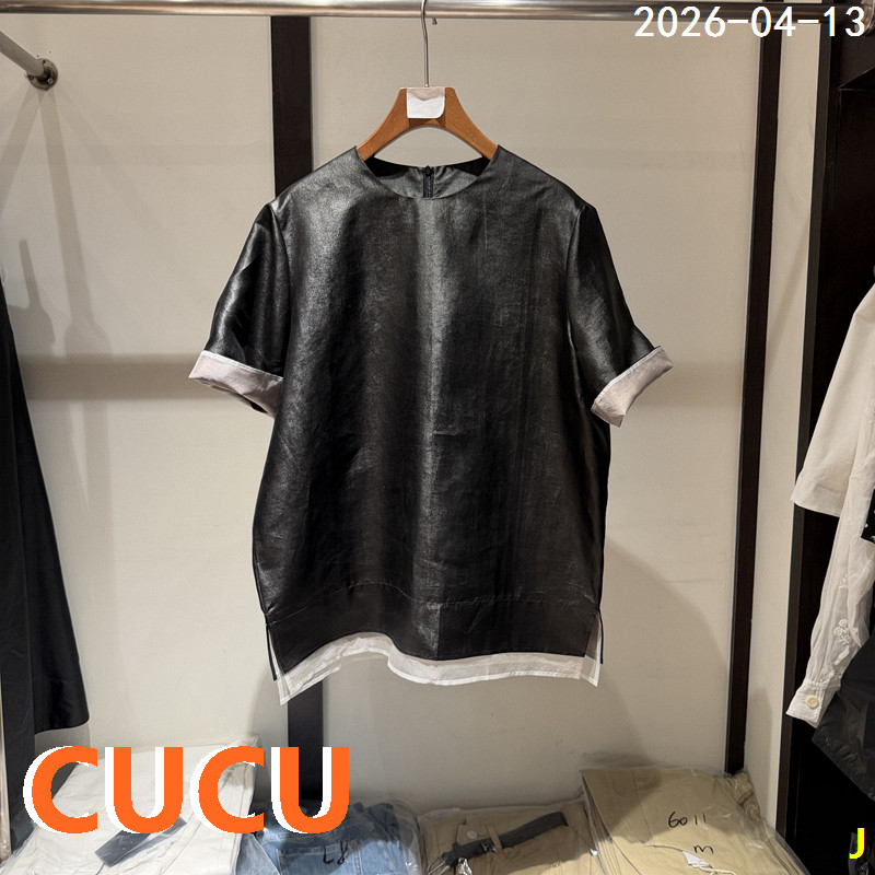 欧洲站2026早夏新款圆领后拉链撞色卷边短袖真丝上衣女T恤268497