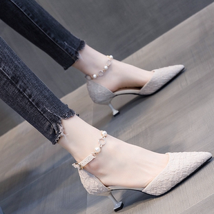 包头凉鞋女夏季外穿高跟鞋2025新款一字扣带细跟韩版百搭中空单鞋