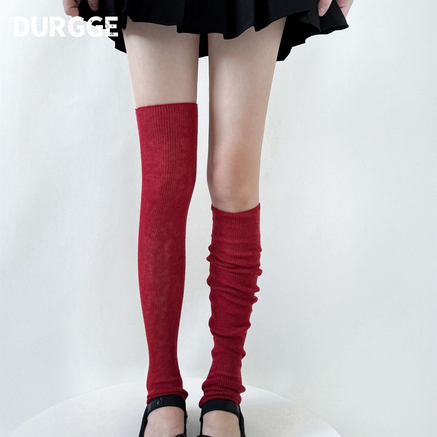 日本durgge甜美安可拉红色堆堆袜套加长筒过膝格雷系灰色小腿套