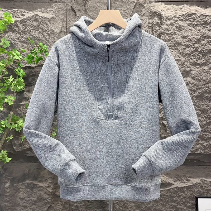 2025潮牌时尚半拉链休闲打底衫加绒连帽设计冬季加厚潮流男装卫衣