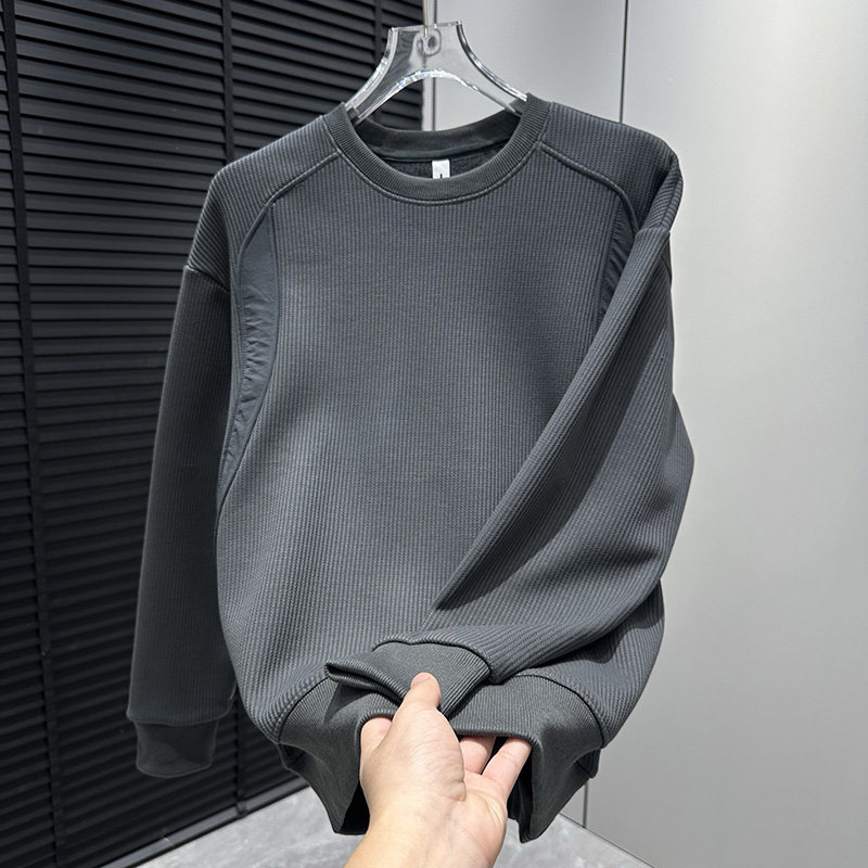 纯色百搭韩版新款男士卫衣秋冬加绒高级感拼接打底气质保暖体恤衫