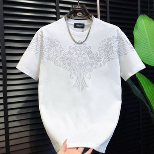 轻奢风重工烫钻加厚冬季短袖男女同款高级感圆领宽松潮流T恤上衣