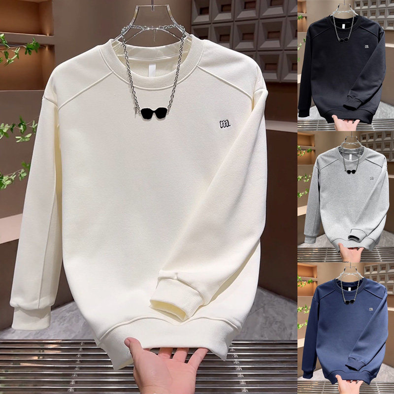 网红重磅圆领套头加绒卫衣男士宽松保暖长袖潮牌高级感打底衫体恤