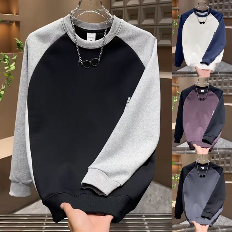 美式拼接秋冬时尚休闲T恤2025韩版打底衫男士圆领拼色爆款ins卫衣