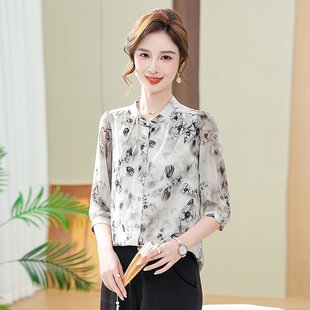 简约风中老年女装立领印花衬衫妈妈装时尚上衣植物花卉常规袖