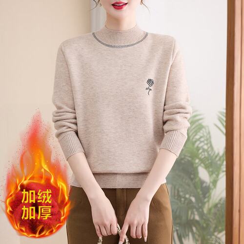 妈妈装加绒加厚半高领毛衣中老年女洋气玫瑰刺绣保暖打底衫