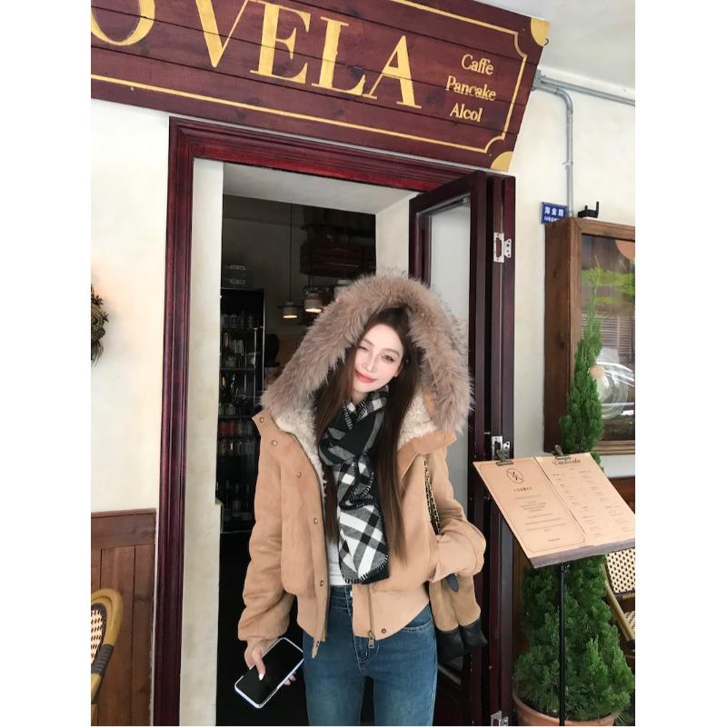 美拉德大毛领连帽长袖短外套女装冬季别致加厚保暖麂皮绒夹克上衣