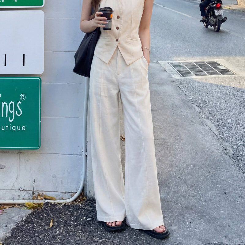 白色亚麻西装裤女夏季薄款2026新款垂坠感老钱风棉麻休闲阔腿裤子