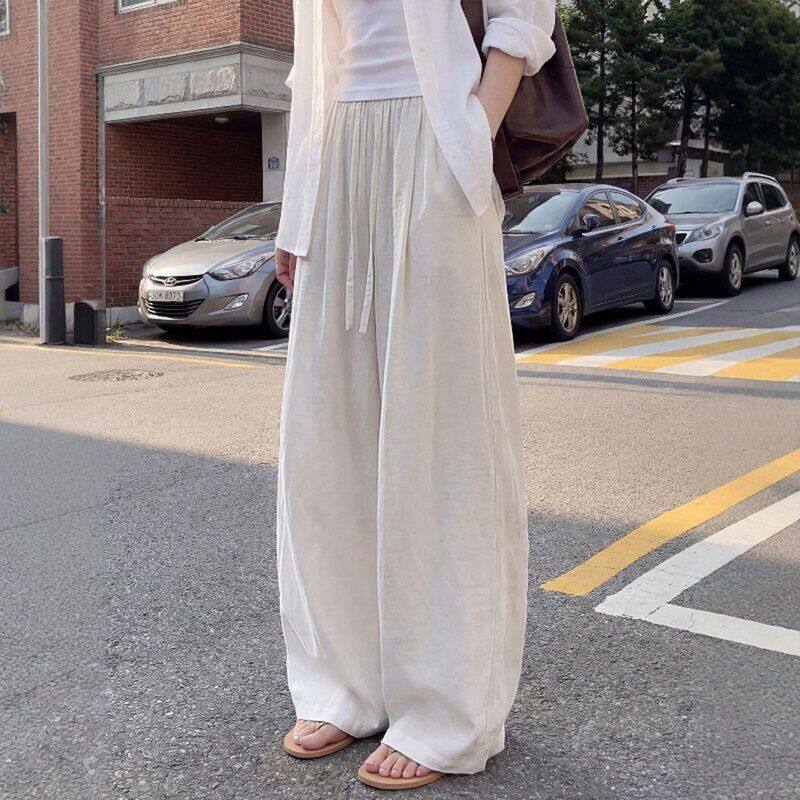 天丝亚麻弯刀裤女夏季薄款高腰垂感宽松休闲慵懒冰丝棉麻阔腿裤子