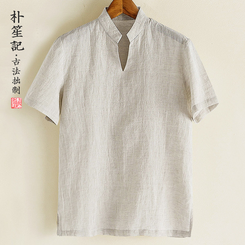 原创亚麻男士t恤大码宽松纯麻薄款禅修茶服中式夏季透气短袖上衣