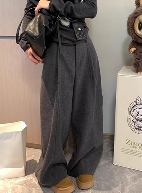 Morden 韩系高腰显瘦西装毛呢阔腿裤女加绒冬季新款压褶直筒裤