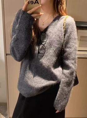 Modern 全羊毛软黄金拉毛感重磅无缝一体V领毛衣秋冬显瘦上衣内搭