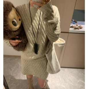 高腰半裙针织套装 慵懒秋冬燕麦奶咖温暖宽松斜纹毛衣 韩版 Morden