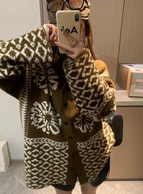 Morden 复古费尔岛提花毛衣女冬季软糯加厚针织羊毛高领开衫外套