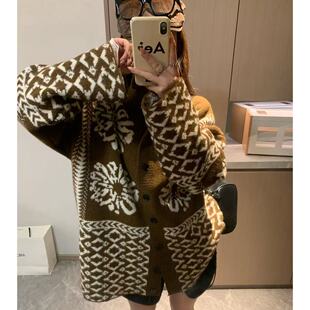 Morden 复古费尔岛提花毛衣女冬季软糯加厚针织羊毛高领开衫外套