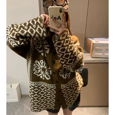 Morden 复古费尔岛提花毛衣女冬季软糯加厚针织羊毛高领开衫外套