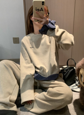 Morden 韩系格子圆领卫衣内里保暖澳粒绒+卫裤加绒居家套装女外穿