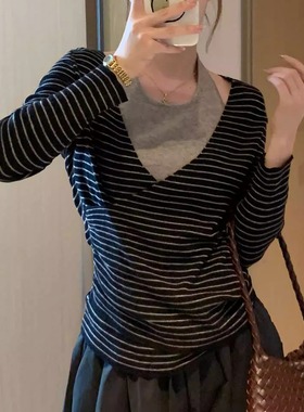 今年醉流行假两件挂脖长袖针织衫女秋季新款小众设计撞色条纹毛衣