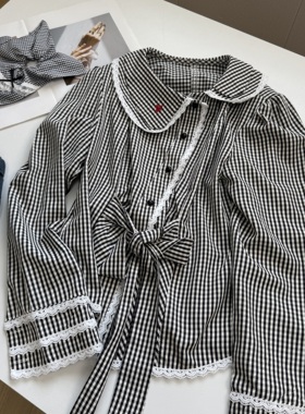 2025秋季新款法式格子蕾丝花边长袖上衣娃娃领衬衫女收腰显瘦减龄