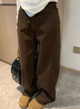 Morden美式复古反口袋设计加绒咖色牛仔裤加厚冬季宽松显瘦直筒裤