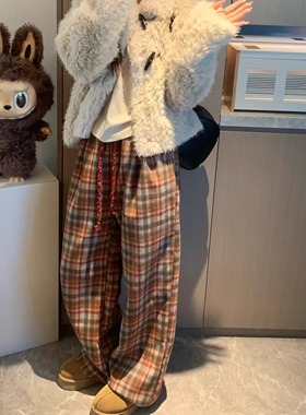 Morden 圣诞派对 慵懒复古毛呢格子裤女冬加绒保暖直筒羊毛休闲裤