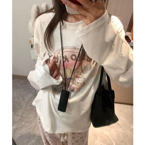 MORDEN 韩系KT猫印花长袖T恤女2026早春款 慵懒风宽松烫钻打底衫