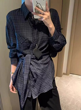 亏清！韩系复古蓝灰格子长袖衬衫女交叉系带衬衣宽松不规则上衣