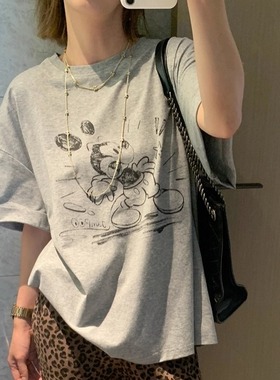 小众卡通印花短袖圆领T恤女夏季复古慵懒宽松百搭显瘦上衣紫