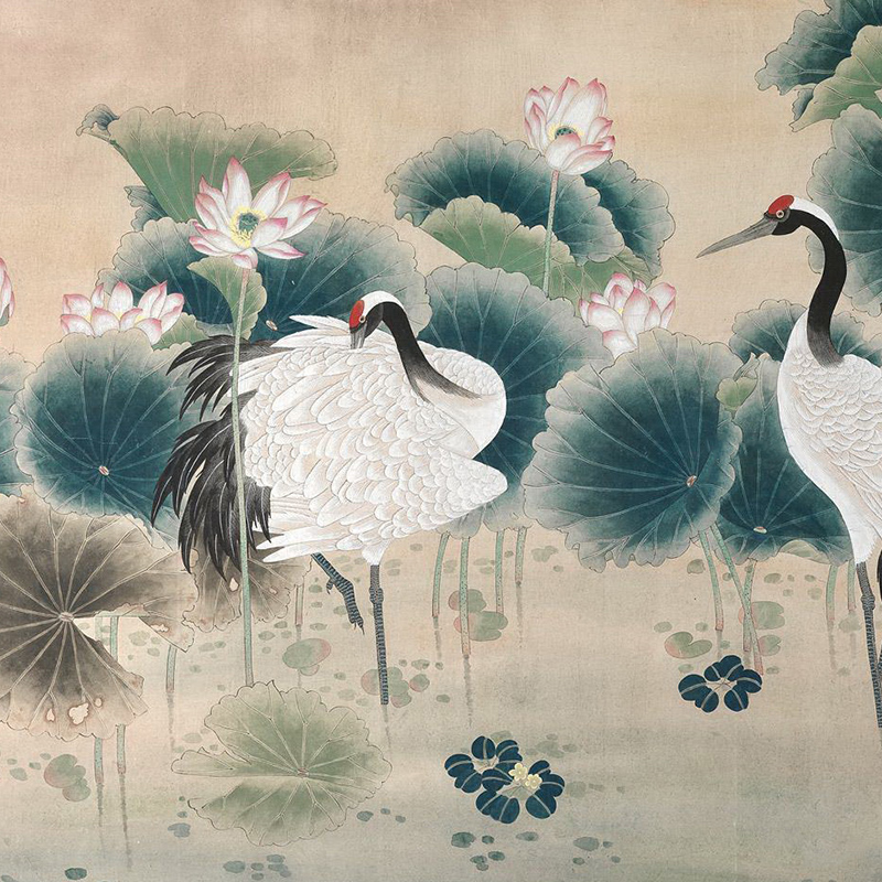 123 手绘荷花仙鹤无缝壁布 丝绸装饰画工笔荷花壁画