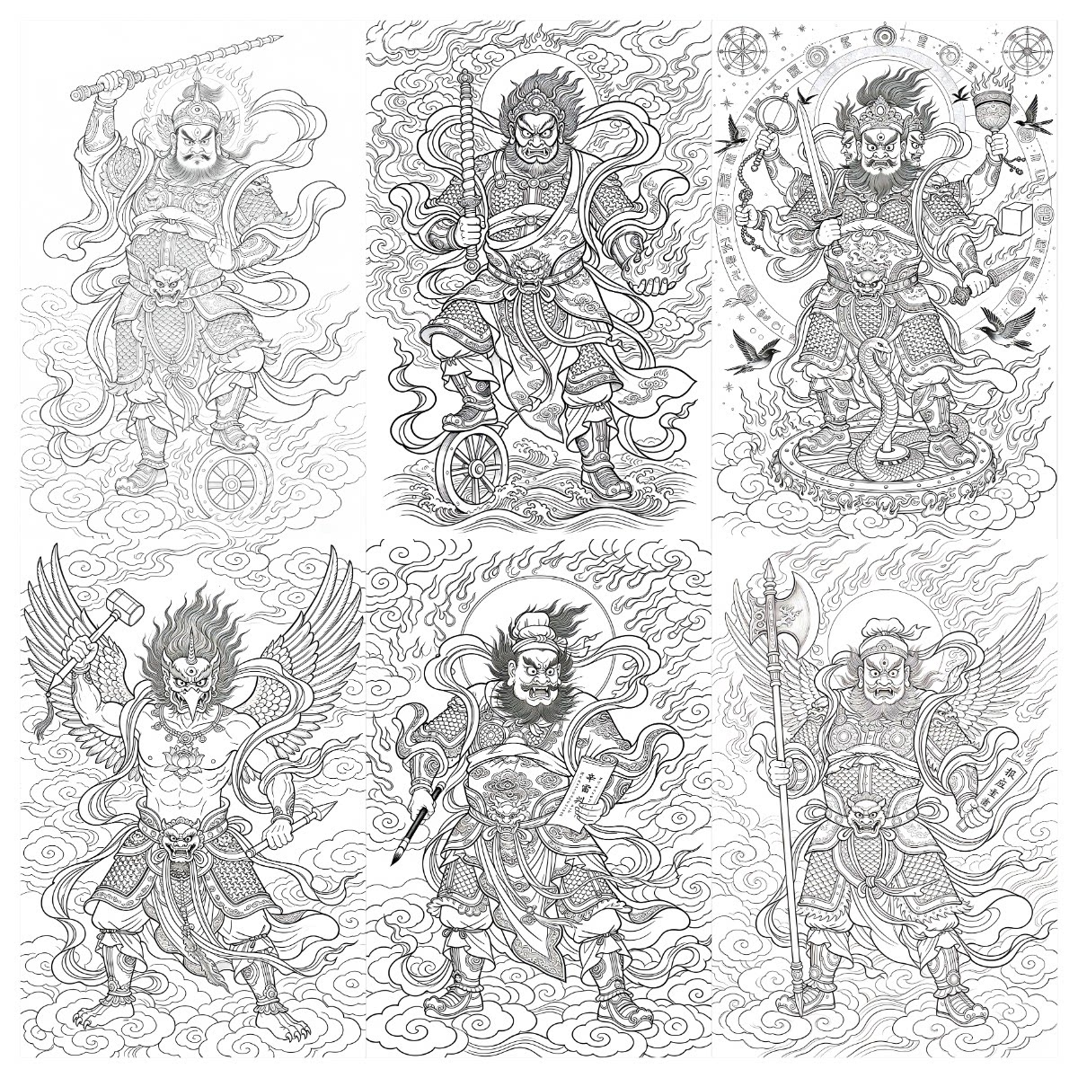 36将帅天君神话人物无彩图打印工笔练习壁画人物动作参照壁画