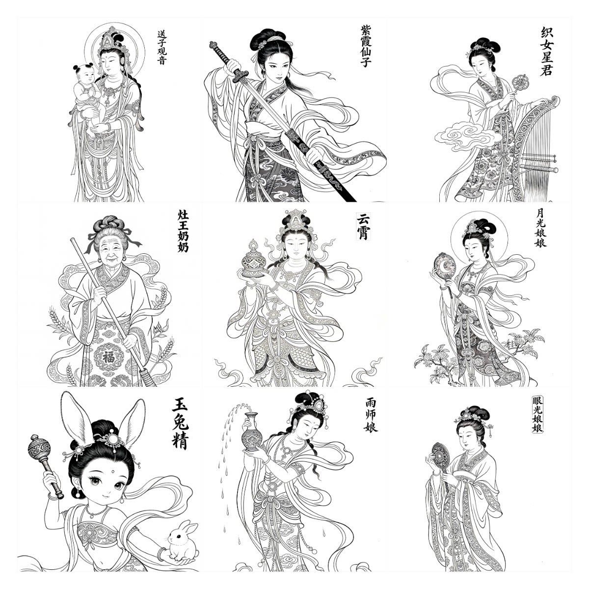 神话女性人物36位无彩图打印工笔练习壁画人物动作参照古代仕女图