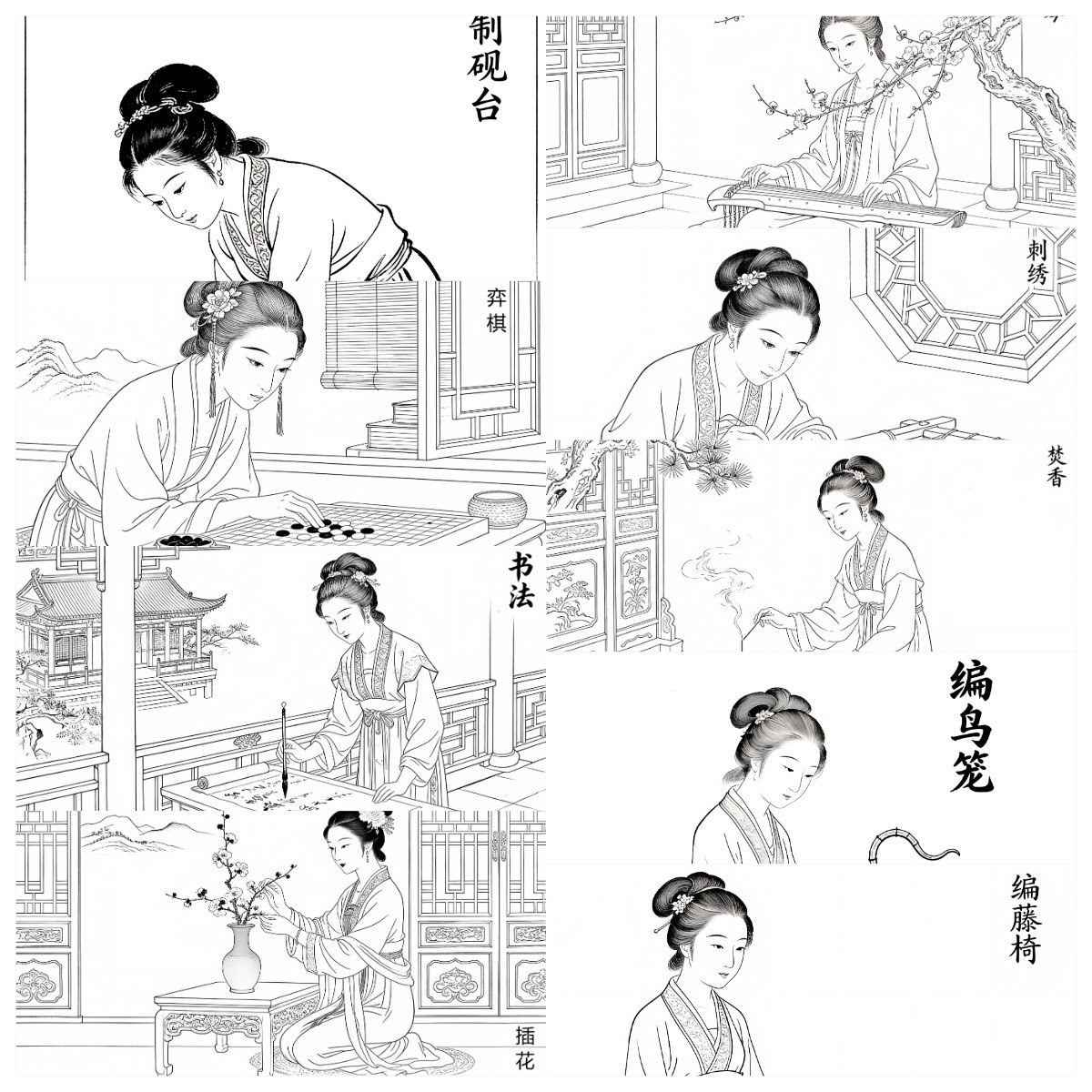 古代女红36艺无彩图打印工笔练习人物动作参照古代仕女非遗技艺图