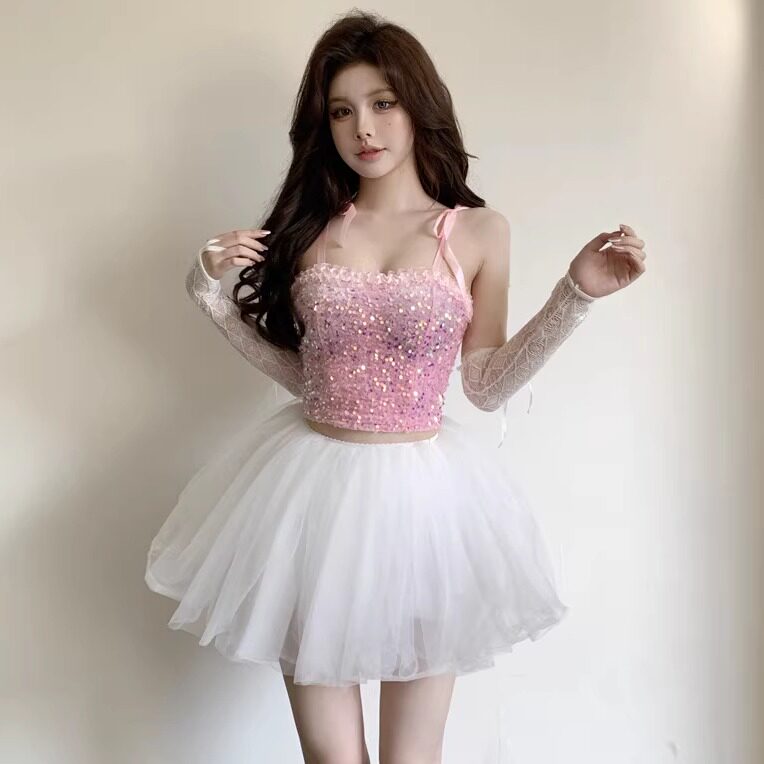 女团酒吧DS演出服gogo性感爵士领舞Dj夜店可爱粉色吊带蓬蓬裙套装