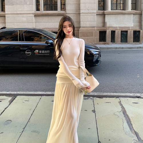 ByYou 秋季新款修身奶白色羊毛针织衫套装女长款高腰半身裙两件套