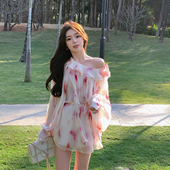 女中长款 ByYou 印花雪纺衫 气质荷叶边灯笼袖 露肩碎花上衣 初夏新款