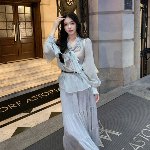 10/20ByYou 清冷中古美人 格子印花仙气感衬衫长裙腰带三件套套装