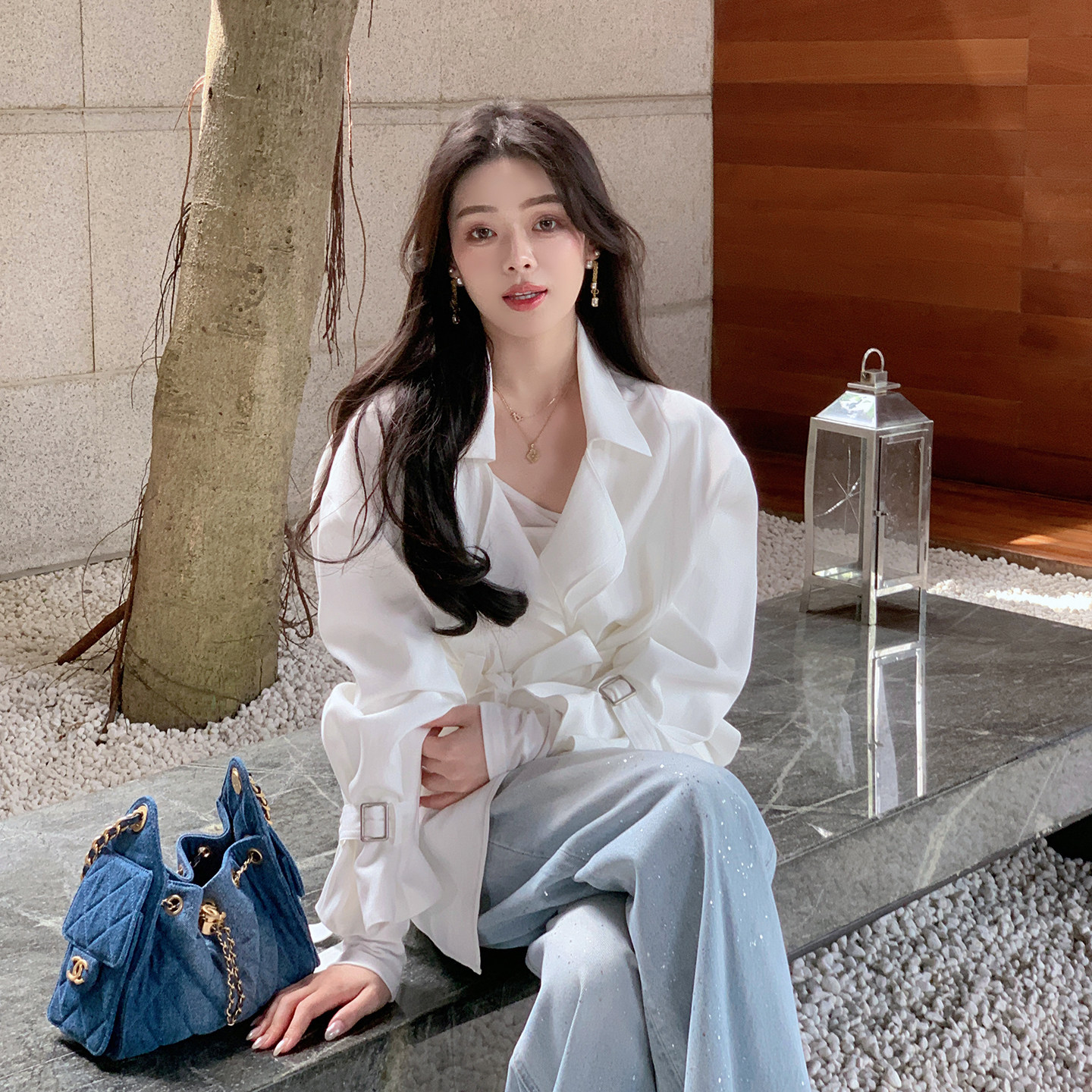 ByYou 秋季新款高级感翻领收腰白色短款风衣外套女薄款休闲短大衣图片