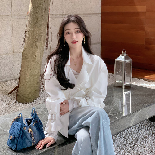 ByYou 秋季新款高级感翻领收腰白色短款风衣外套女薄款休闲短大衣