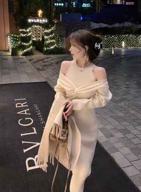 ByYou 冬季红色假两件纯欲挂脖针织连衣裙女收腰显瘦内搭毛衣裙子