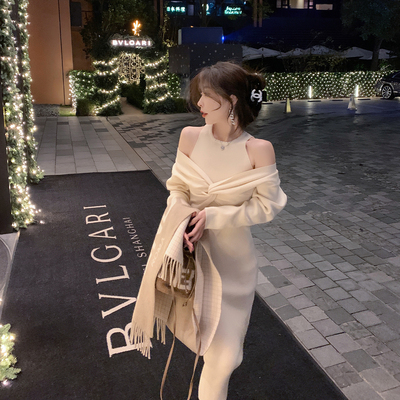 假两件小露肩遮肉显瘦针织连衣裙