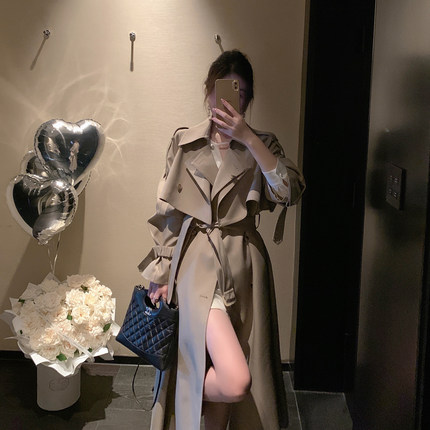 ByYou 2025秋季新款英伦风大衣卡其色风衣女长款过膝收腰休闲外套