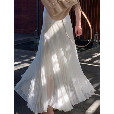 ByYou 夏季新款高级感白色雪纺拼接网纱半身裙长款薄纱a字百褶裙
