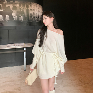 ByYou 冬季白色露肩马海毛羊毛针织衫上衣女长款宽松内搭打底毛衣