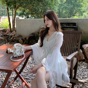 喇叭袖 长款 白色雪纺衬衫 套装 三件套 ByYou 女内搭吊带背心短裤 秋季