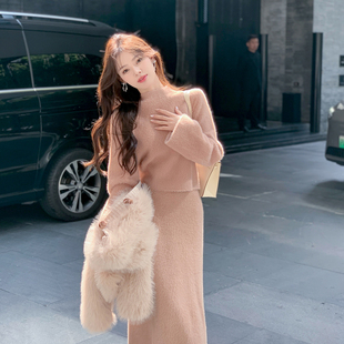 ByYou 冬季新款仿貂绒粉色针织毛衣套装女中长款高腰半身裙两件套