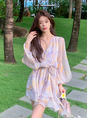 ByYou夏季新款气质紫色V领雪纺碎花连衣裙收腰仙女蛋糕短裙含吊带