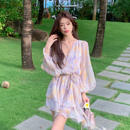 ByYou夏季新款气质紫色V领雪纺碎花连衣裙收腰仙女蛋糕短裙含吊带