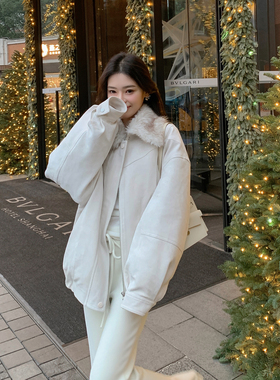 ByYou 冬季毛领白色麂皮绒外套女白鸭绒内胆羽绒服加厚皮草派克服